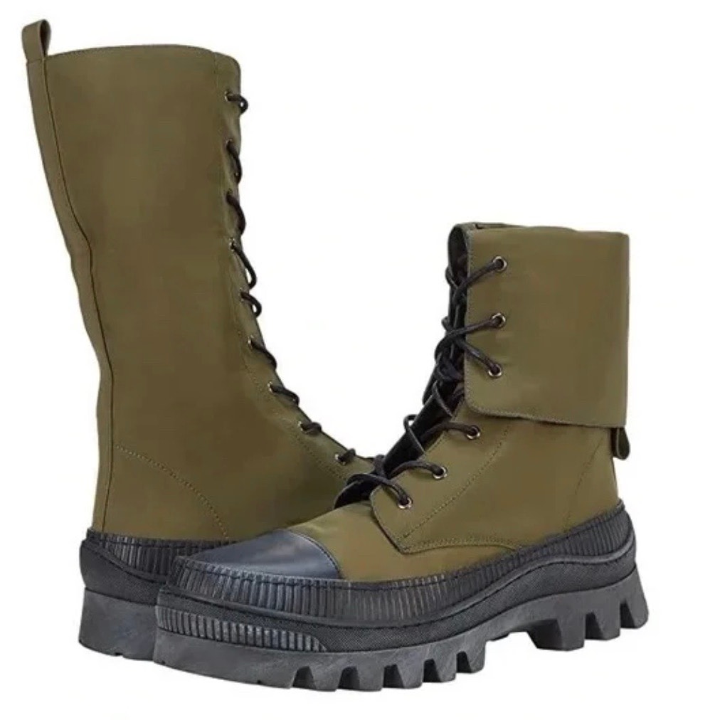 Free People Women's Goldie Lug Sole Lace-Up Boots Khaki Green Fold Over 36 Us 6